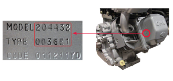 Placeringen av motorns modellnummer på yrkesgräsklippare
