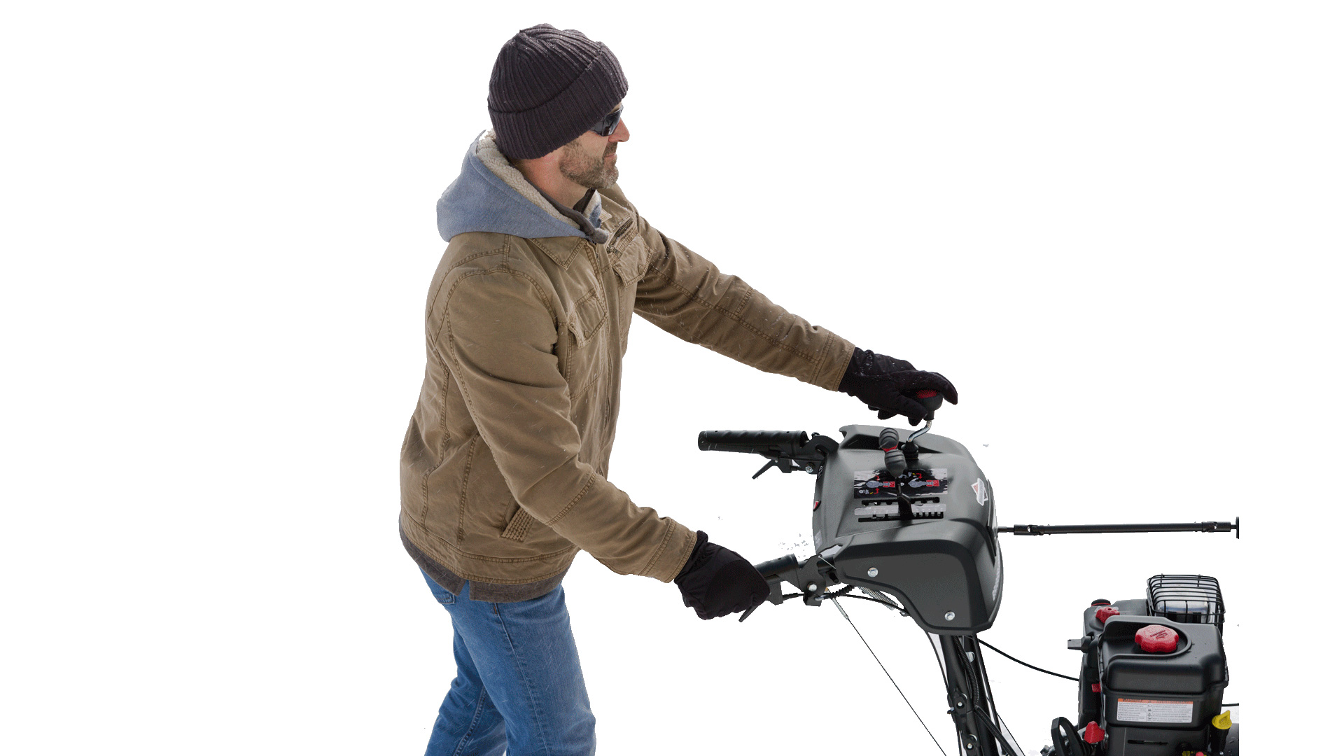a man with a beard and hat pushing a machine