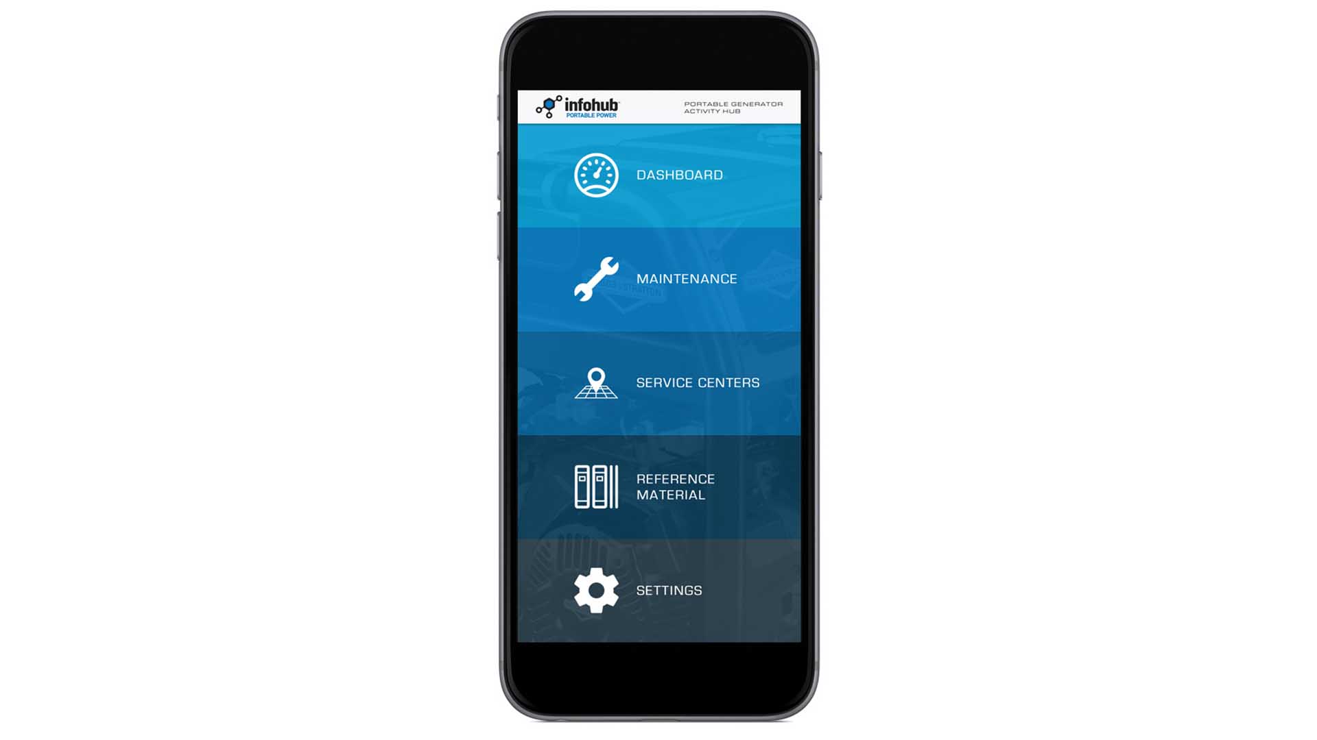 Touchscreen of smart phone displaying infohub wireless activity hub dashboard for the 8000 Watt Elite Series™ Bluetooth Portable Generator