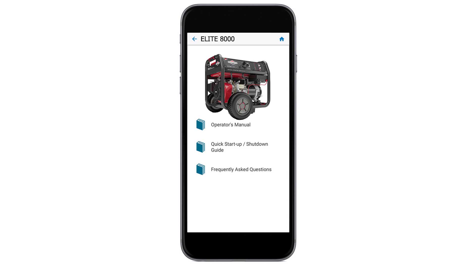 Touchscreen of smart phone displaying infohub reference materials for the 8000 Watt Elite Series™ Bluetooth Portable Generator