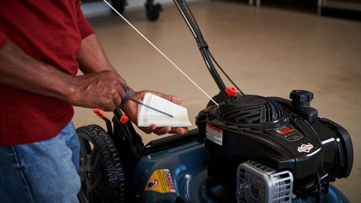 A man servicing a Briggs &amp; Stratton ride mower engine.
