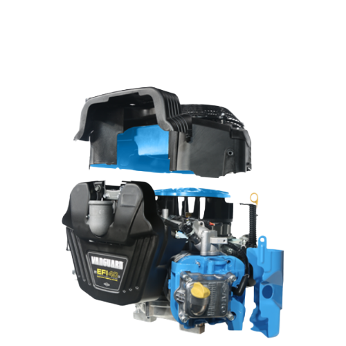 Vanguard BIG BLOCK vertical shaft exploded view with cooling components highlighted in blue.