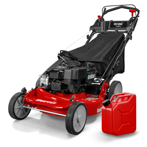 A red gas-powered lawn mower with a rear bag attachment sits next to a red gas can.