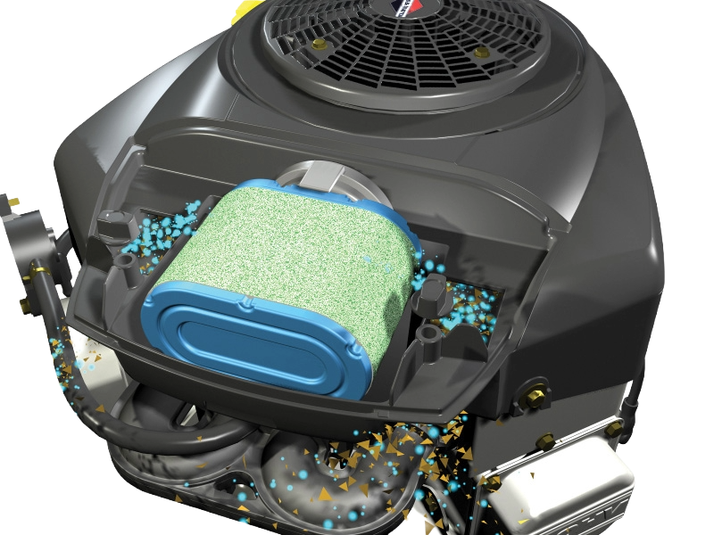 Top-down view of the Briggs & Stratton Professional Series V-Twin engine showcasing the debris management airflow design